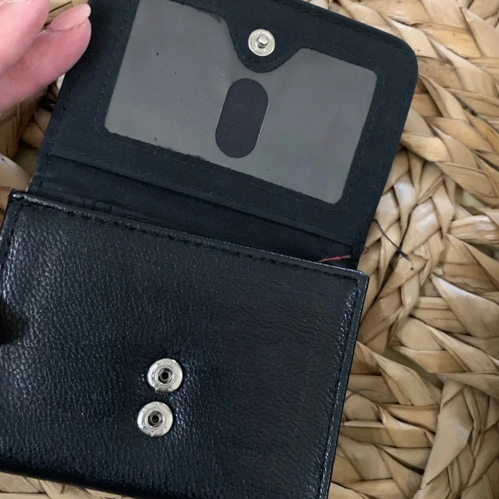 Black faux leather wallet w/fabric on front